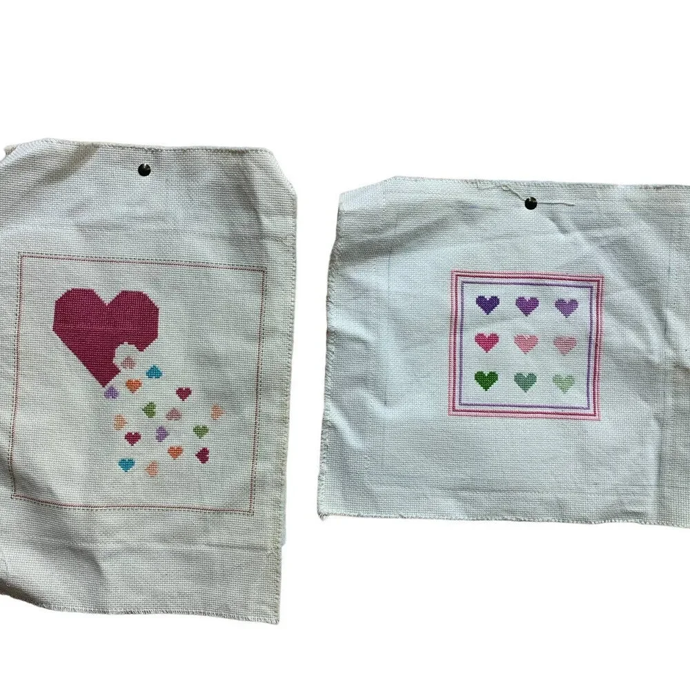 Lot of 2 Handmade Cross Stitch Heart Themed Square Artwork Ready to Frame Art